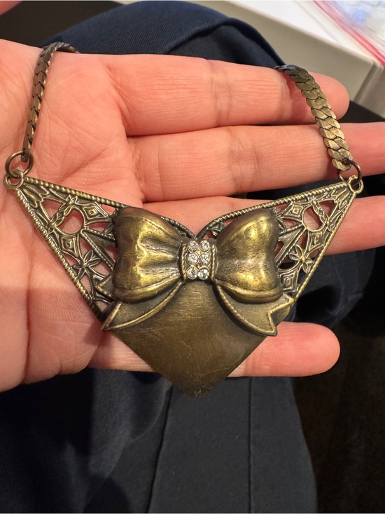Jewelry - Vintage Brass Bow Heart Statement Necklace - Antique Gold
